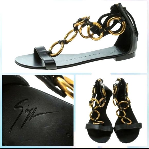 Giuseppe Zanotti Gold Chain Leather flat sandals - Picture 1 of 12